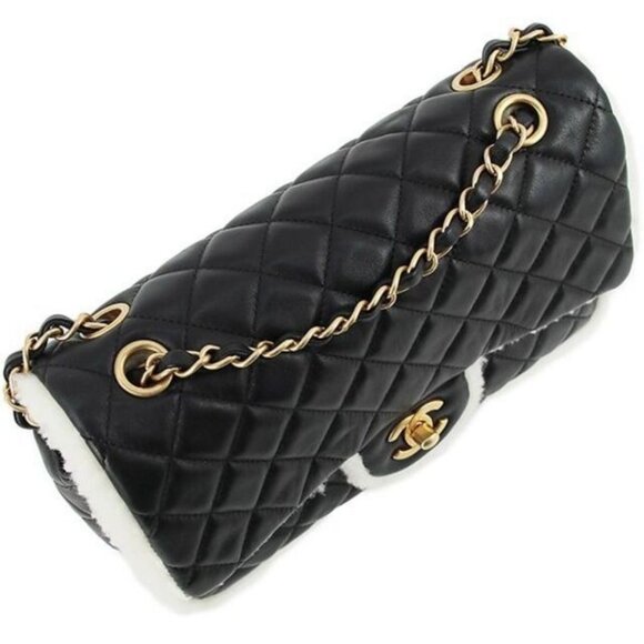 Authentic CHANEL Lambskin Quilted Shearling Large CC Flap Bag Black White Purse - Picture 9 of 13